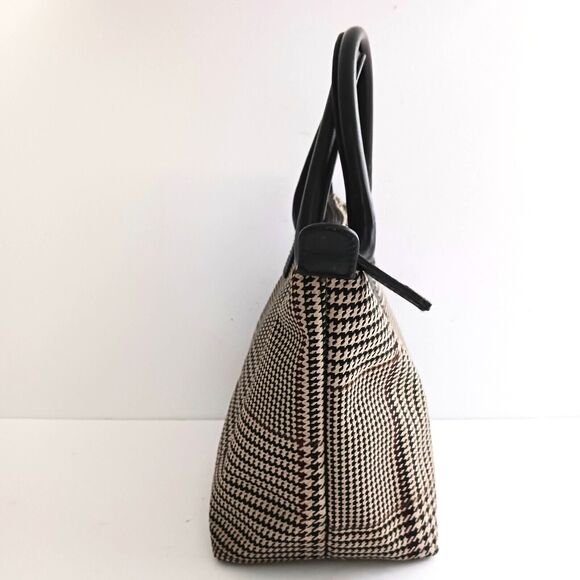 VTG Lauren Ralph Lauren Brown Houndstooth Plaid Small Tote Leather Trim - Picture 5 of 10